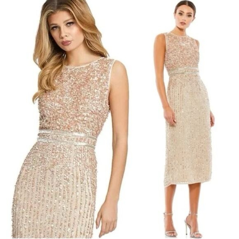 NWT Mac Duggal Sleeveless High Neck Beaded Midi Sheath Dress